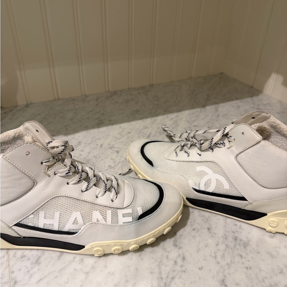 CHANEL White and Black Sneakers